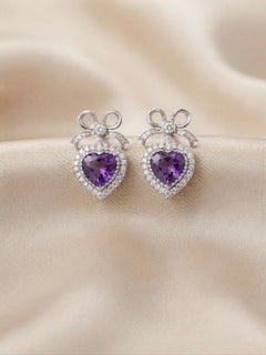 Vintage 18K White Gold Heart Amethyst & Diamond Earrings