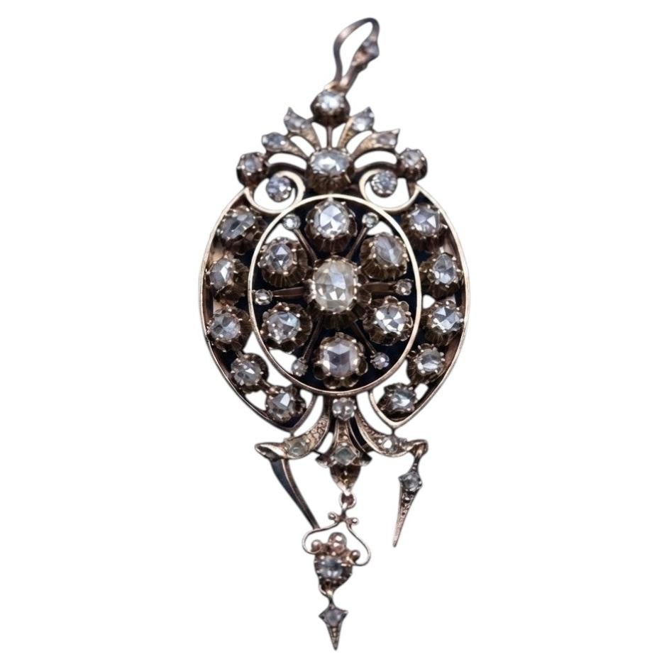 Victorian 16/17kt Gold Rose Cut Diamond Brooch Pendant, Circa 1880