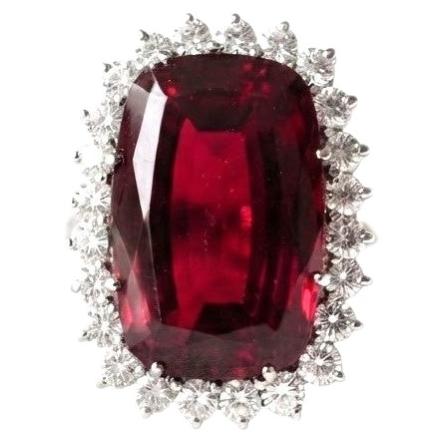 1950s 18K White Gold 25ct Untreated Red Rubellite Ring with Diamonds For Sale