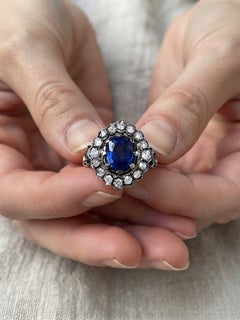 Edwardian Style 2.77 Ct. No Heat Cobalt Blue Sapphire Diamond Cluster Ring
