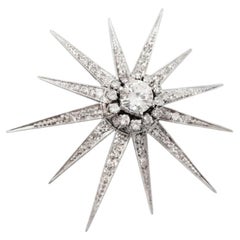 Art Deco Celestial 1.10 Ct Diamond 18 KT White Gold Star Brooch