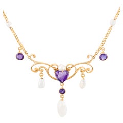 Art Nouveau Heart Motif Amethyst & Natural Pearl Festoon Necklace in 14 Karat