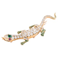 Victorian Mine Cut Diamond & Enamel Lizard Brooch in 14 Karat Yellow Gold