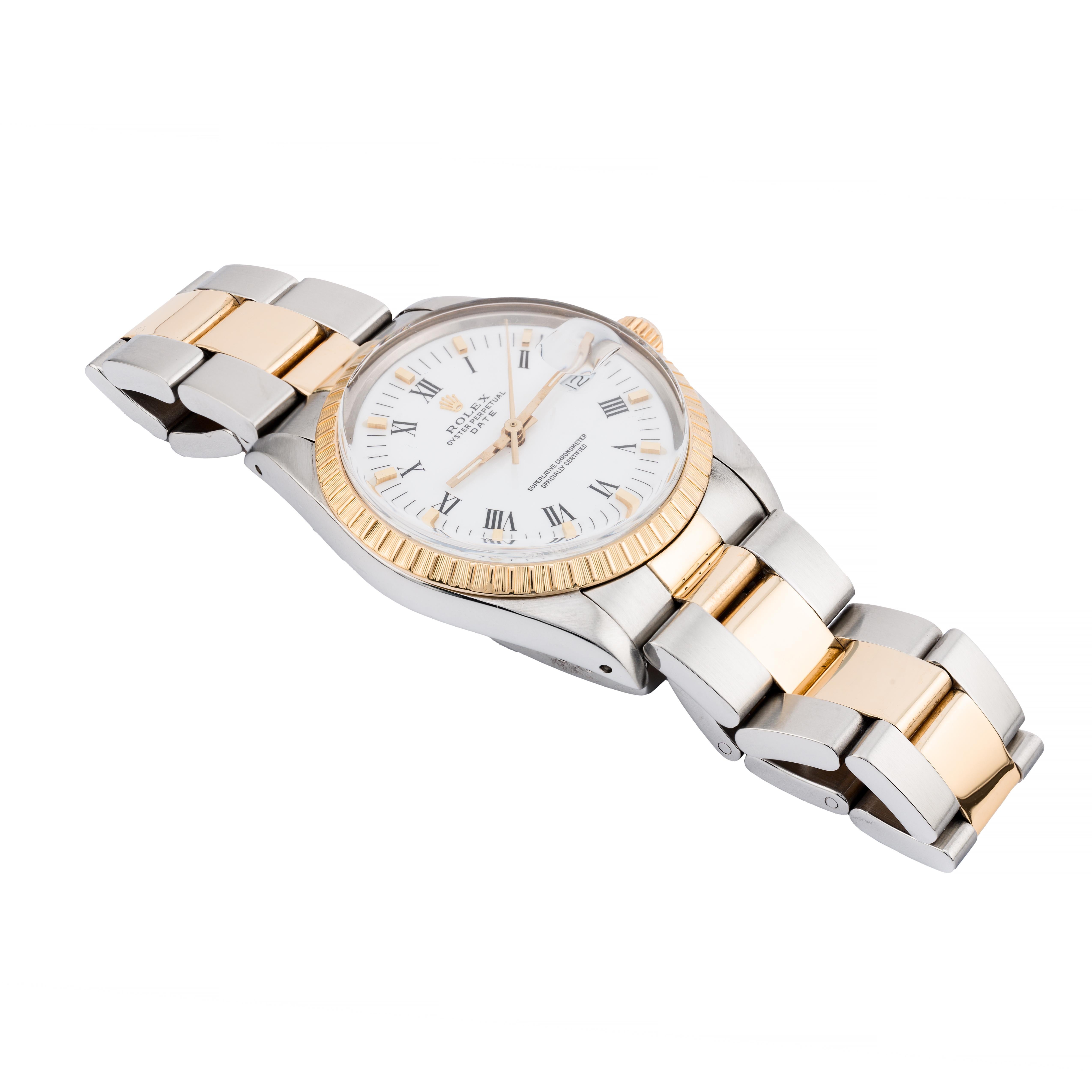 Rolex Oyster Perpetual Date 34MM in oro 18 carati e acciaio inossidabile con quadrante bianco In condizioni ottime in vendita a Boston, MA