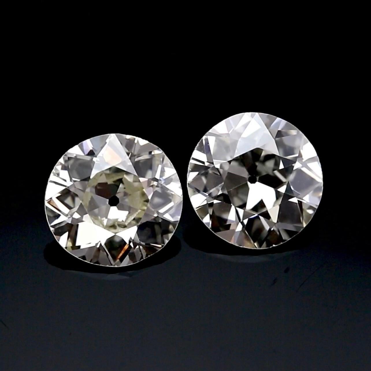 A rare and elegant find, this matching pair of Old European Cut diamonds combines antique charm with modern certification. Weighing 3.19 carats (M-VS1) and 3.39 carats (L-VS2), both stones are GIA certified, offering a harmonious balance of size,