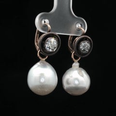 Antique Old Mine Diamond & Pearl Drop Earrings in Silver