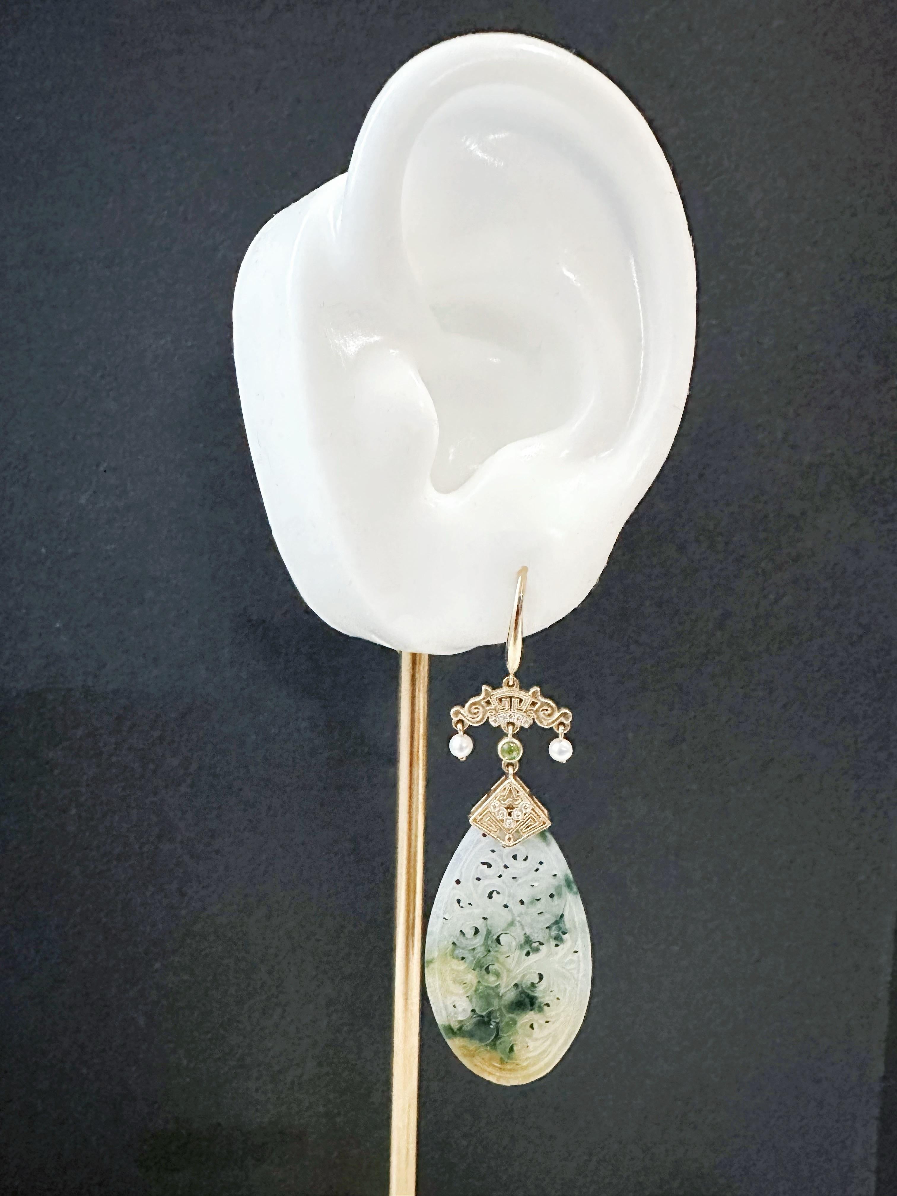 Natürliche Myanmar Icy Typ Bicolor Grüne und Gelbe Jade geschnitzte 18K Gold Ohrringe im Angebot 7