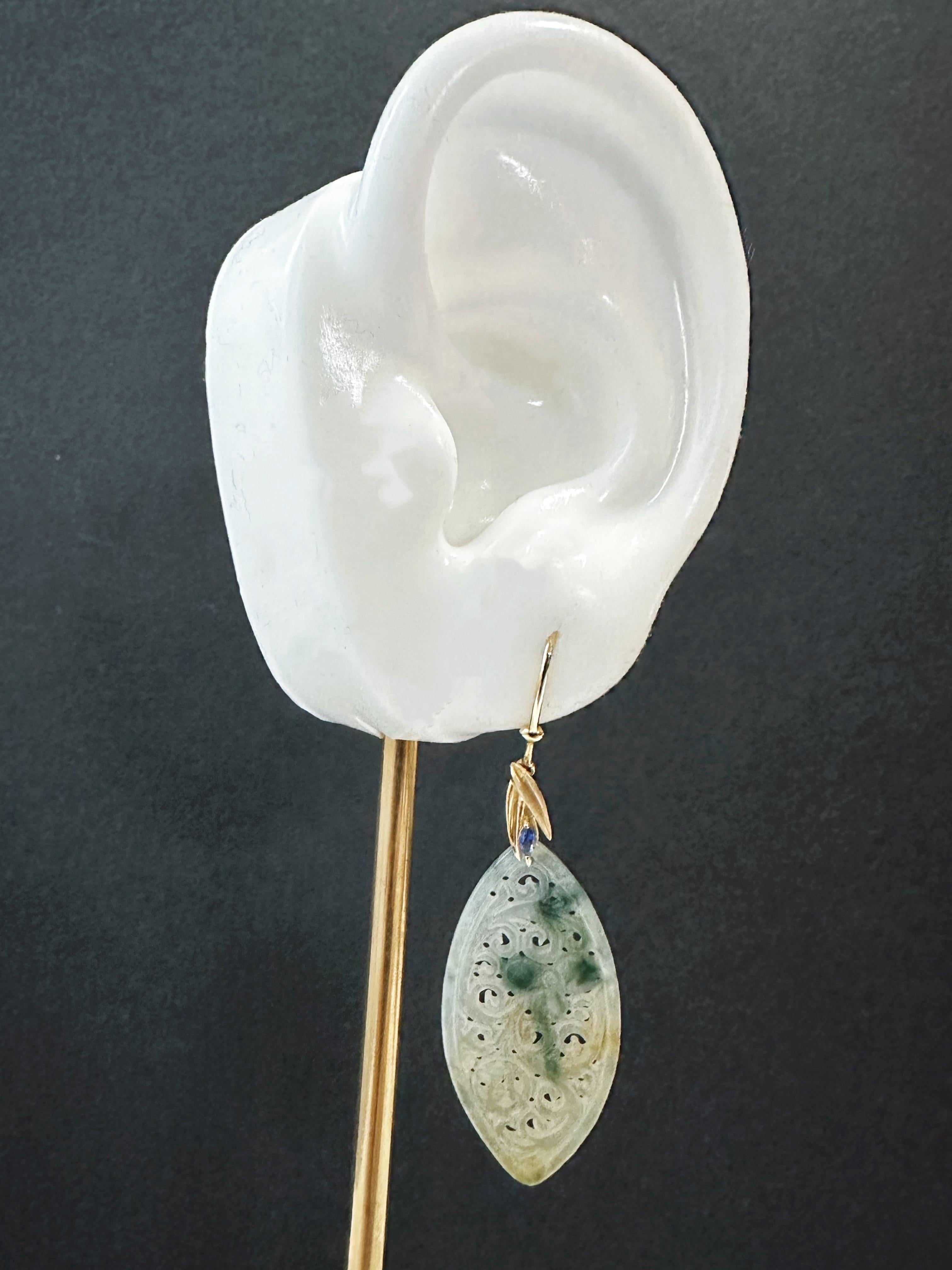 Natürliche Myanmar Icy Typ Bicolor Grüne und Gelbe Jade geschnitzte 18K Gold Ohrringe im Angebot 12