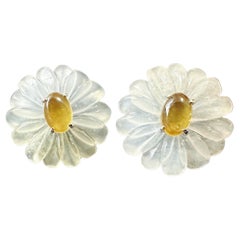Natural Myanmar Icy Type Honey Yellow and White Jade Ear Studs in Daisy Flower