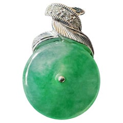 Natural Myanmar Icy Type Vivid Green Donut Jade Pendant in Platinum & Diamond