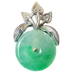 Natural Myanmar Icy Type Vivid Green Round Jade Pendant in Platinum & Diamond