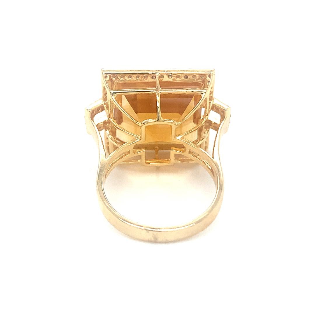 Set in a solid 18-karat yellow gold ring, beautiful natural 16.45-carat emerald cut citrine features a 0.56-carat vs quality diamond. 