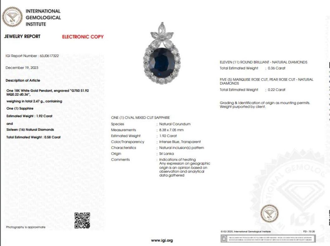 IGI-zertifizierter Anhänger mit 1,92 Karat srilankischem Saphir und Diamant aus 18 Karat Weißgold im Angebot 2