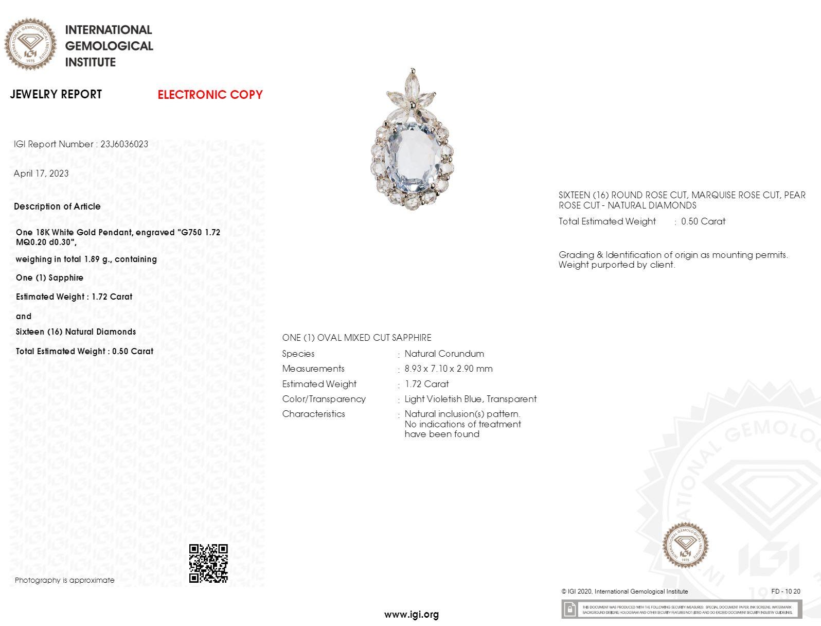Taille ovale Pendentif saphir et diamant en or blanc 18 carats certifié IGI de 1,72 carat sans chaleur en vente