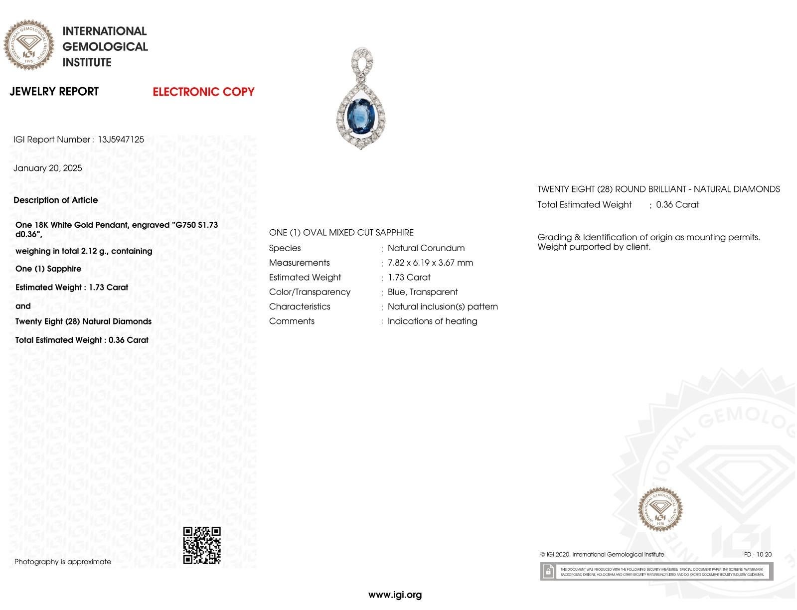 Moderno Ciondolo con zaffiro e diamante certificato IGI da 1,73 carati in oro bianco 18 carati in vendita