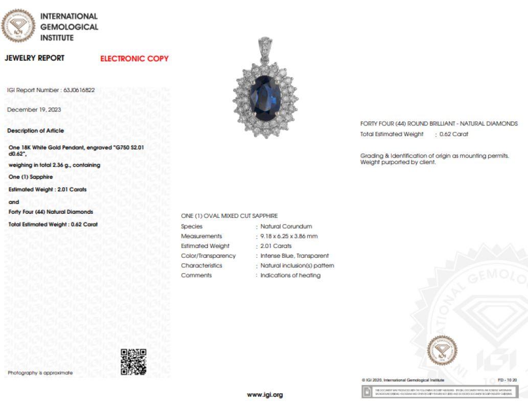 Moderno Ciondolo con zaffiro e diamante certificato IGI da 2,01 carati in oro bianco 18 carati in vendita
