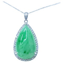 Certified Fei Cui Type A Jade and 0.48 Carat Diamond Pendant in 18K White Gold