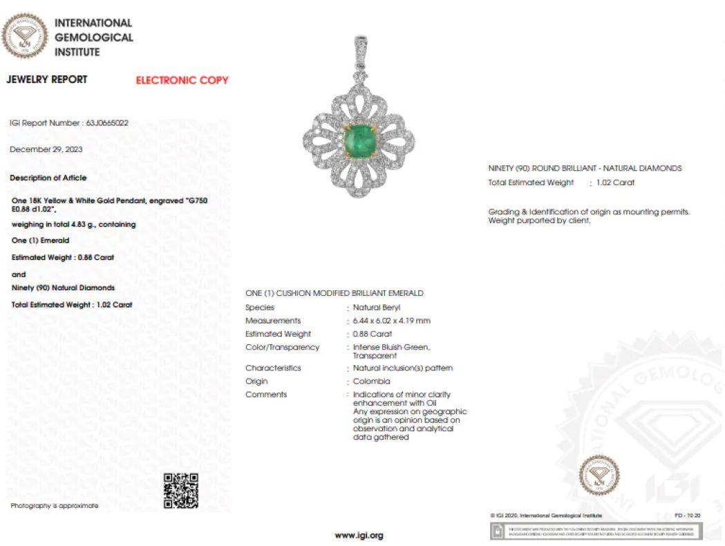 Moderne Pendentif en or blanc 18 carats certifié IGI avec émeraude colombienne et diamant de 0,88 carat en vente