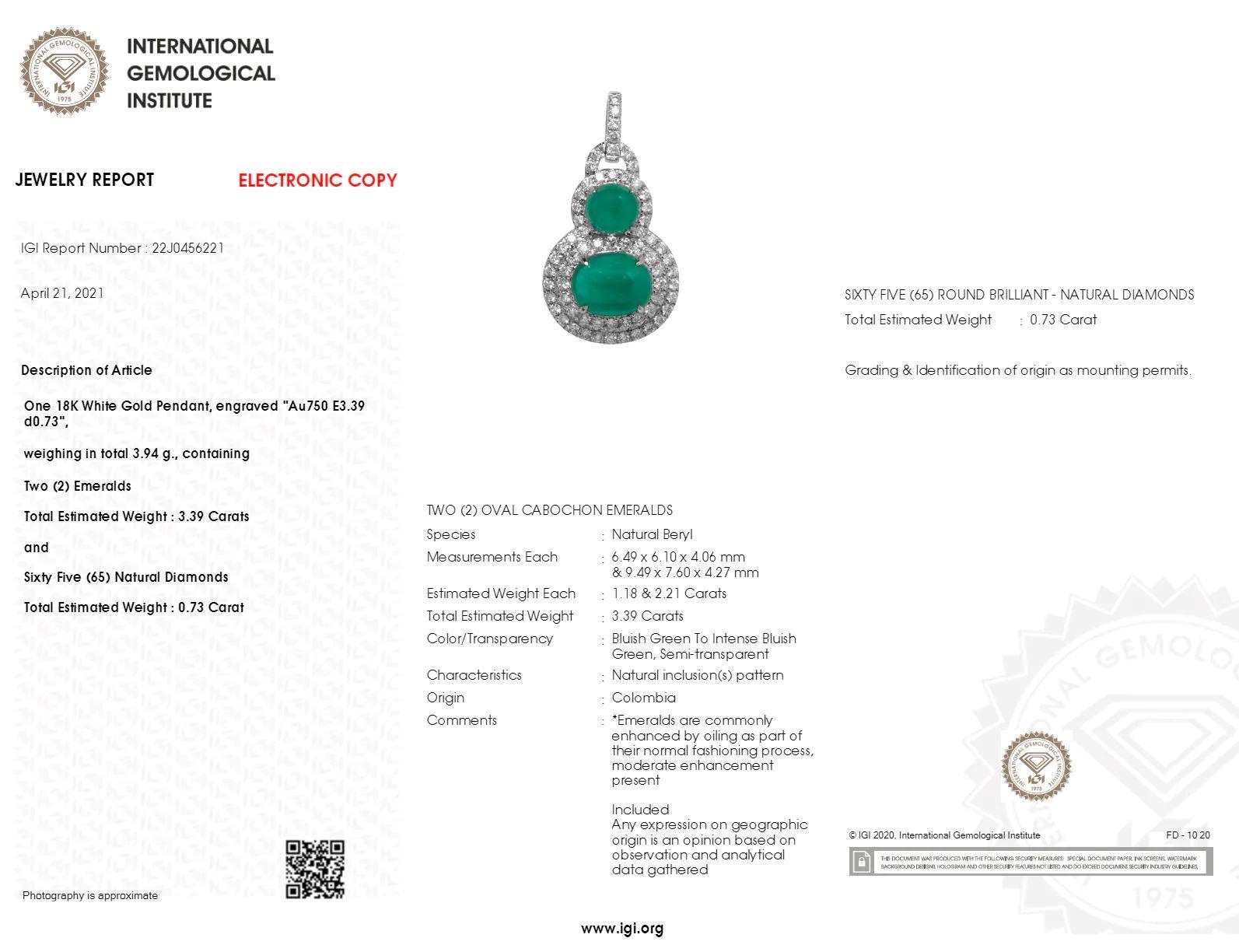 IGI-zertifizierter 3,39 Karat kolumbianischer Smaragd und Diamant-Anhänger aus 18 Karat Weißgold (Moderne) im Angebot