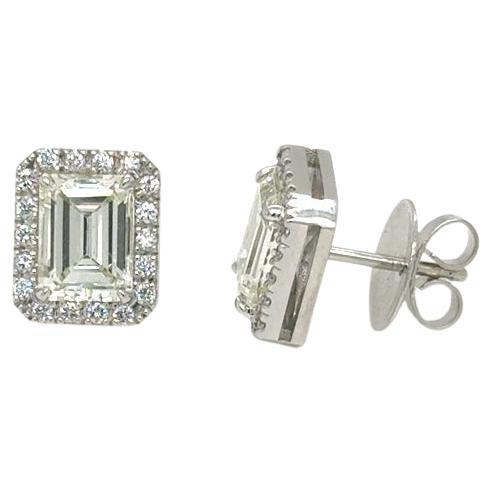 Earrings 18Kt White Gold Emerald Cut Diamond 2.40 tcw and Halo In New Condition In Miami, FL