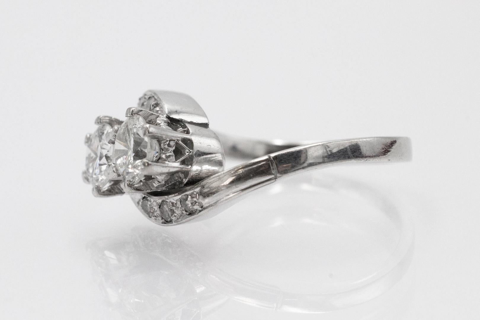 Bague Toi et Moi en or blanc avec diamants taille brillant 1,08 ct. Bon état - En vente à Chorzów, PL
