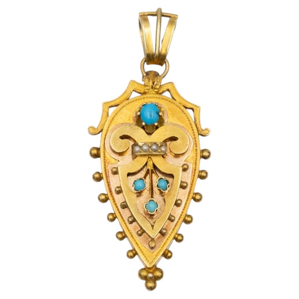 Antiker goldener Anhänger mit Türkisen und Perlen, Österreich-Ungarn 1867–1922.