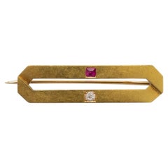 Old Art Deco 14k gold brooch with diamond and synthetic ruby, Austria-Hungary.