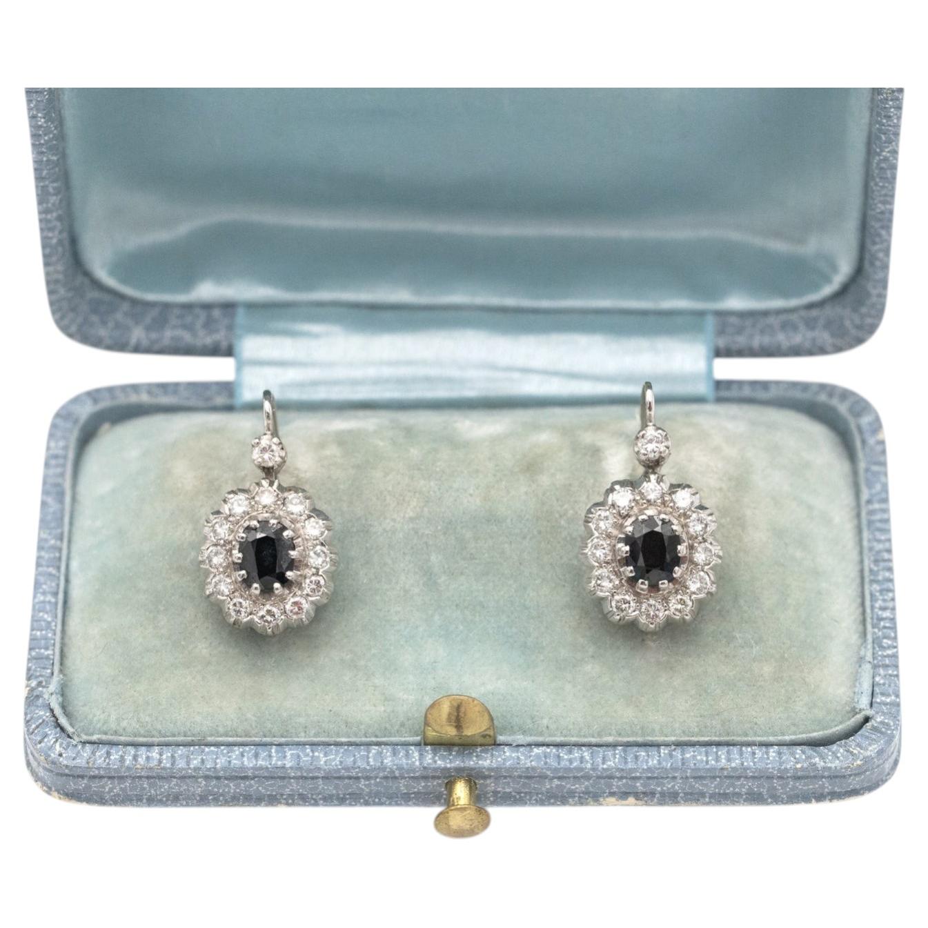 14K White Gold Lever-Back Earrings with Sapphires and Diamonds