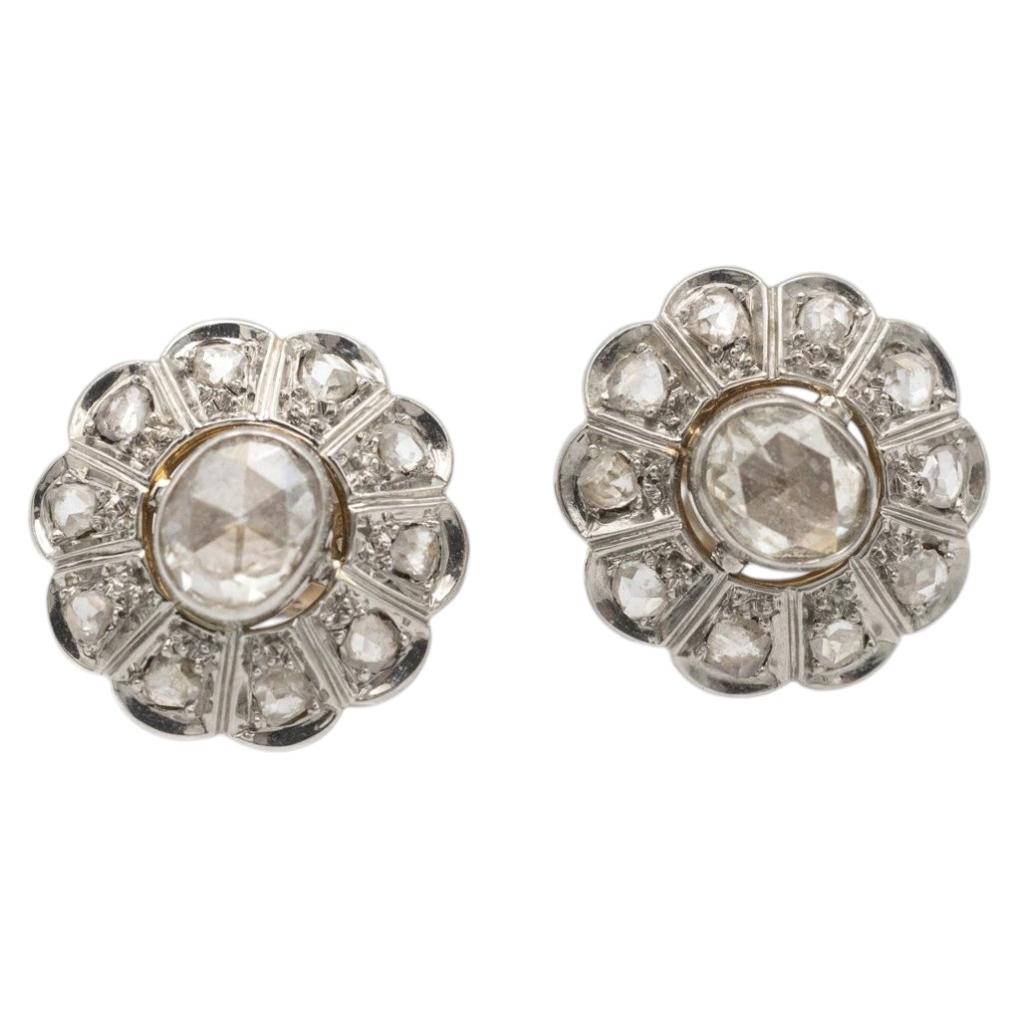 Vintage French flower earrings with rose cut diamonds For Sale