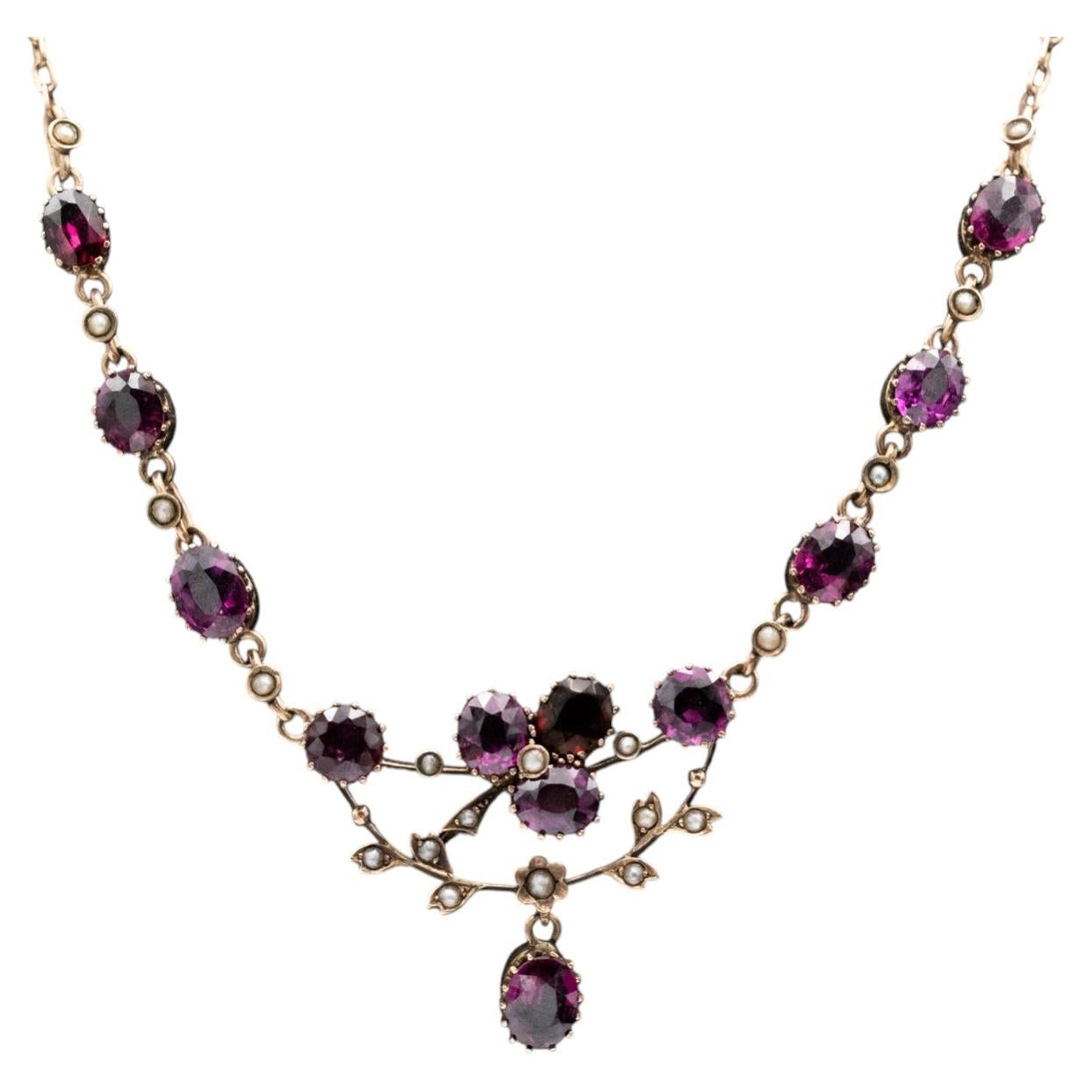 Old necklace with garnets and pearls, turn of the 19th and 20th centuries. For Sale