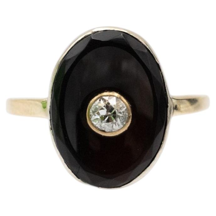 Anello vintage in oro 14k con onice e diamanti a contrasto, Repubblica Ceca.