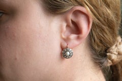 Antique daisy-style earrings with natural pearls and old brilliant-cut diamonds