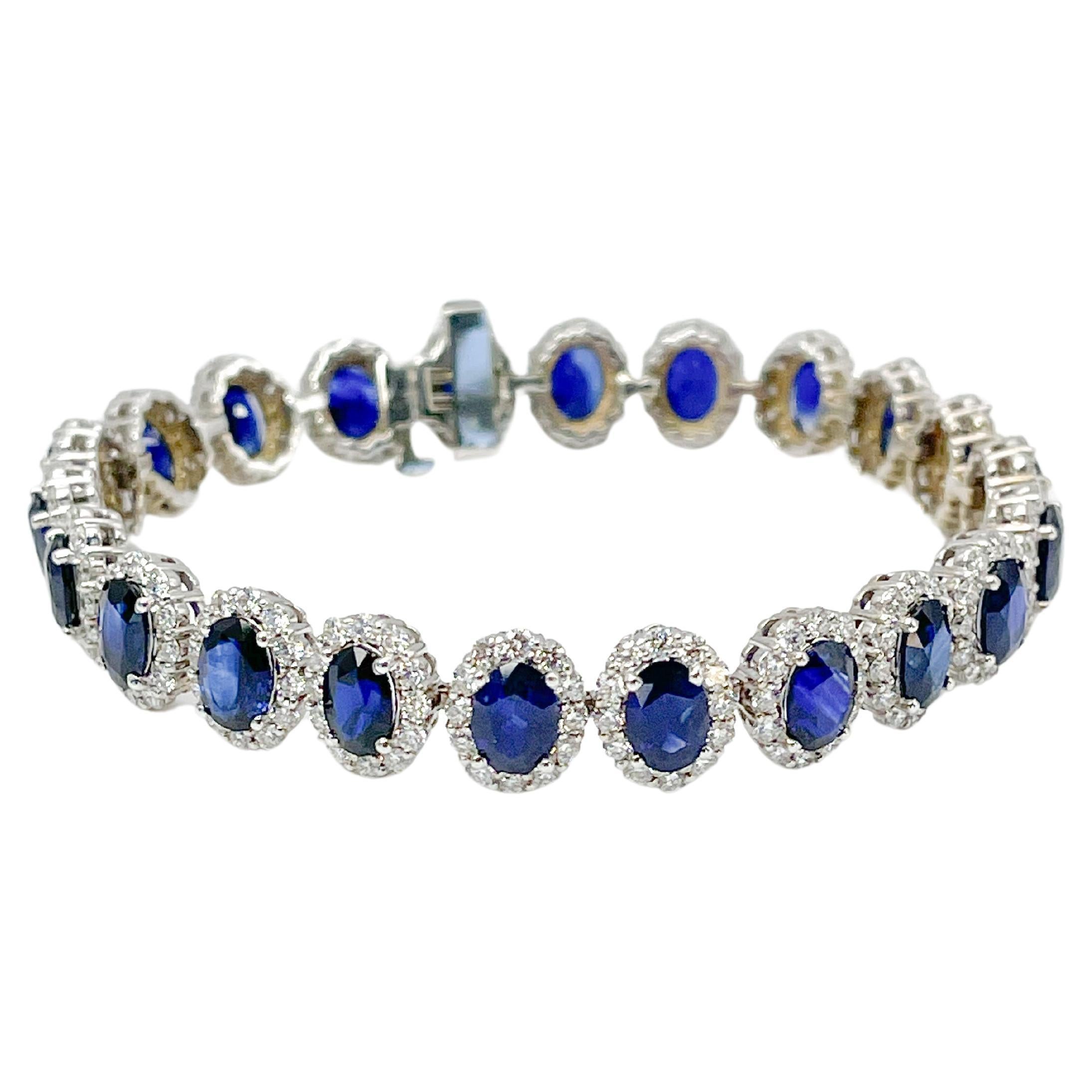 14K WG 22ct Blue Sapphire and 7ct Diamond Halo Bracelet For Sale
