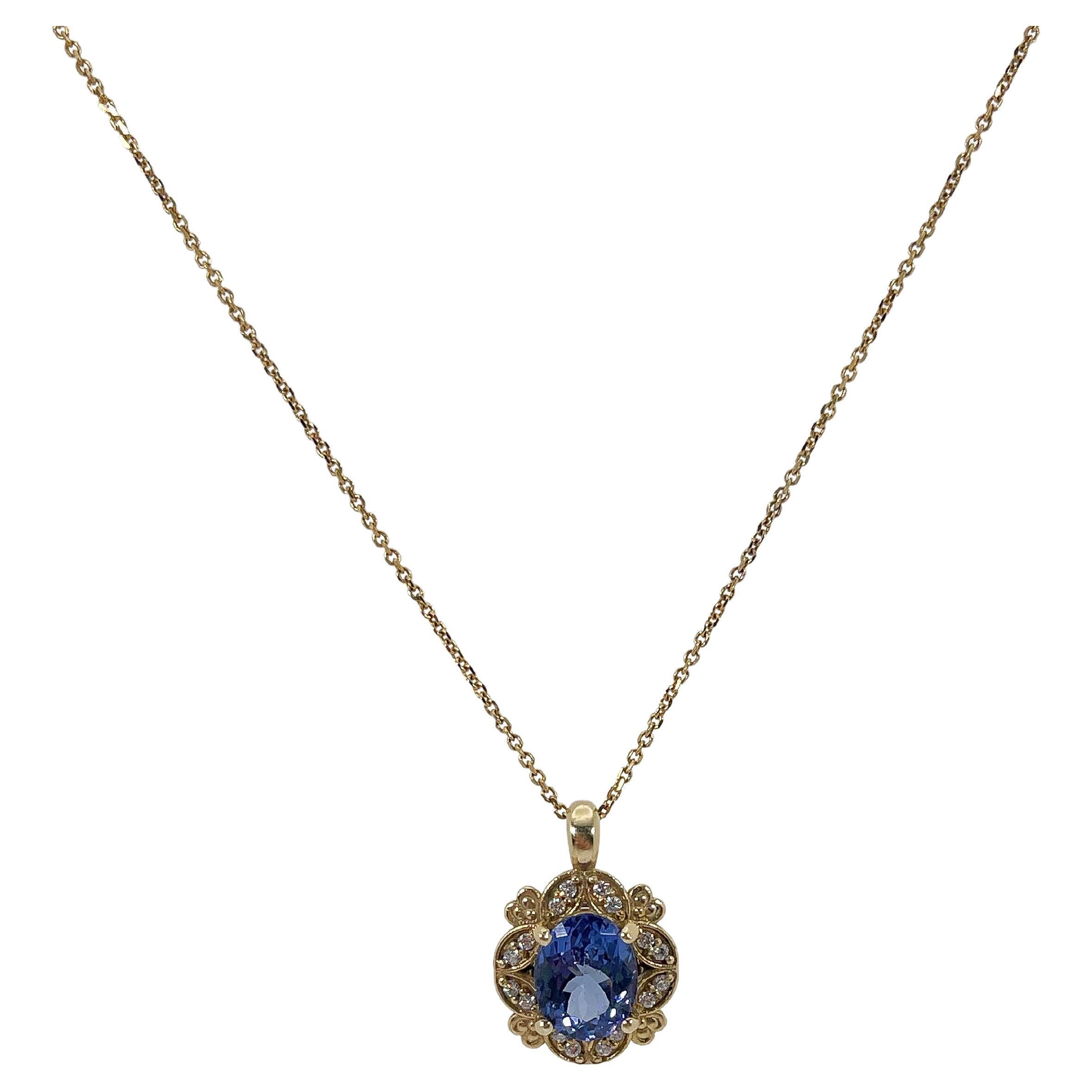 14K Yellow Gold Oval 2.20 Carat Tanzanite and Diamond Pendant Necklace  For Sale