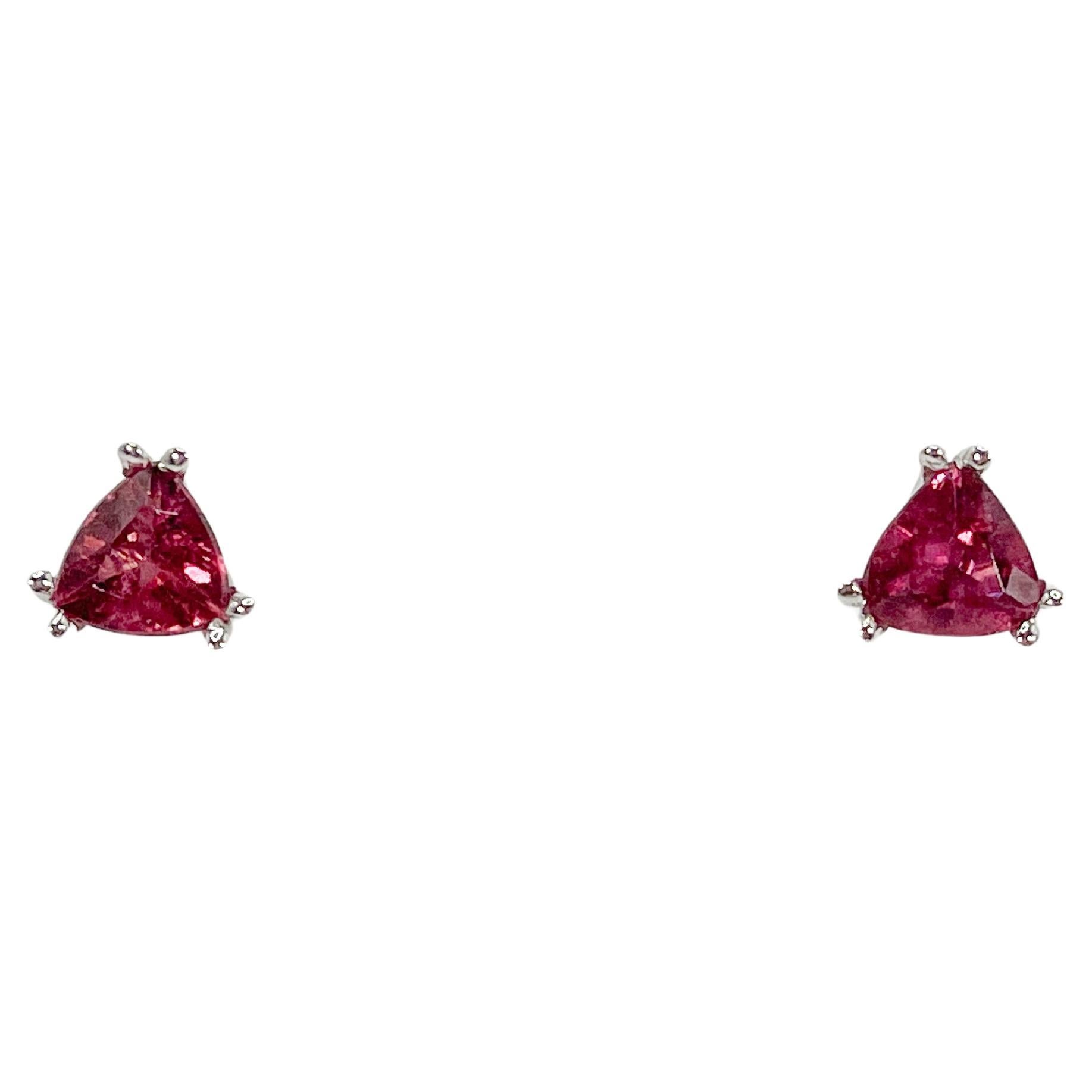 14K White Gold Trillion Pink Tourmaline Double Prong Stud Earrings  For Sale