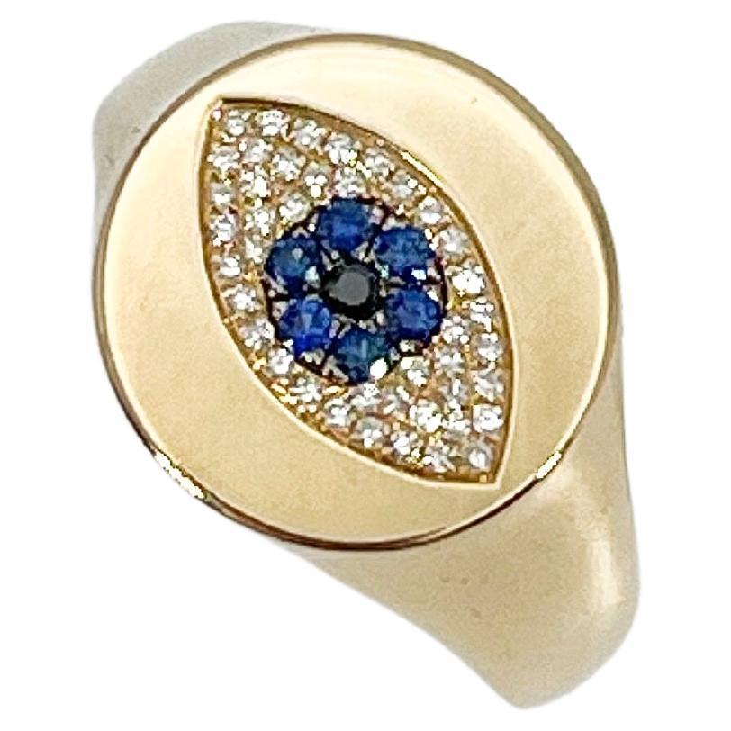 14K Yellow Gold .12 CTW Diamond and .08 CTW Sapphire Evil Eye Ring  For Sale