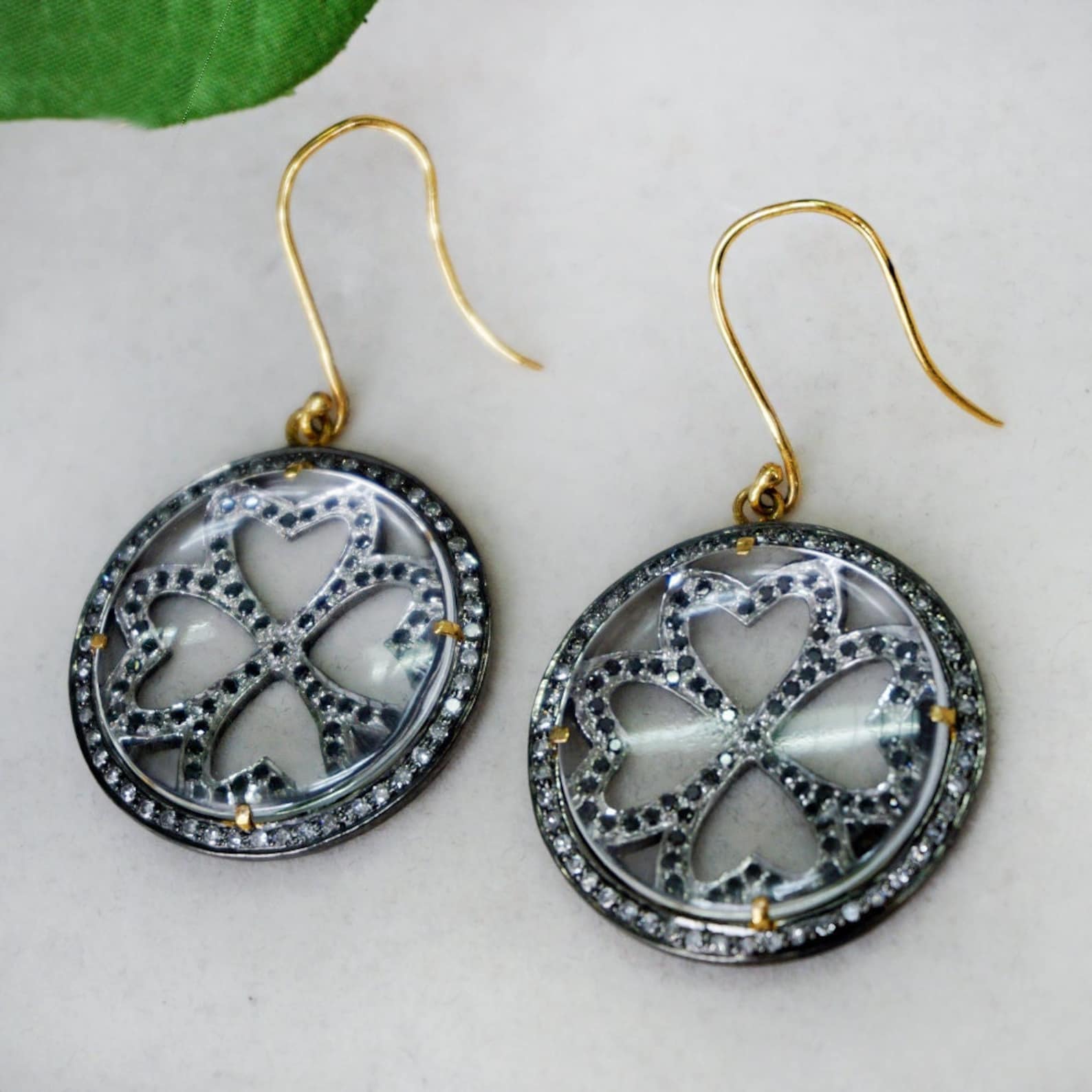 925 Sterling Silver Natural Black Diamond Earrings 14k Yellow Gold Hook Earring For Sale