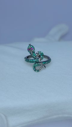 Pave Diamond snake ring with Natural emerald Natural ruby Victorian ring