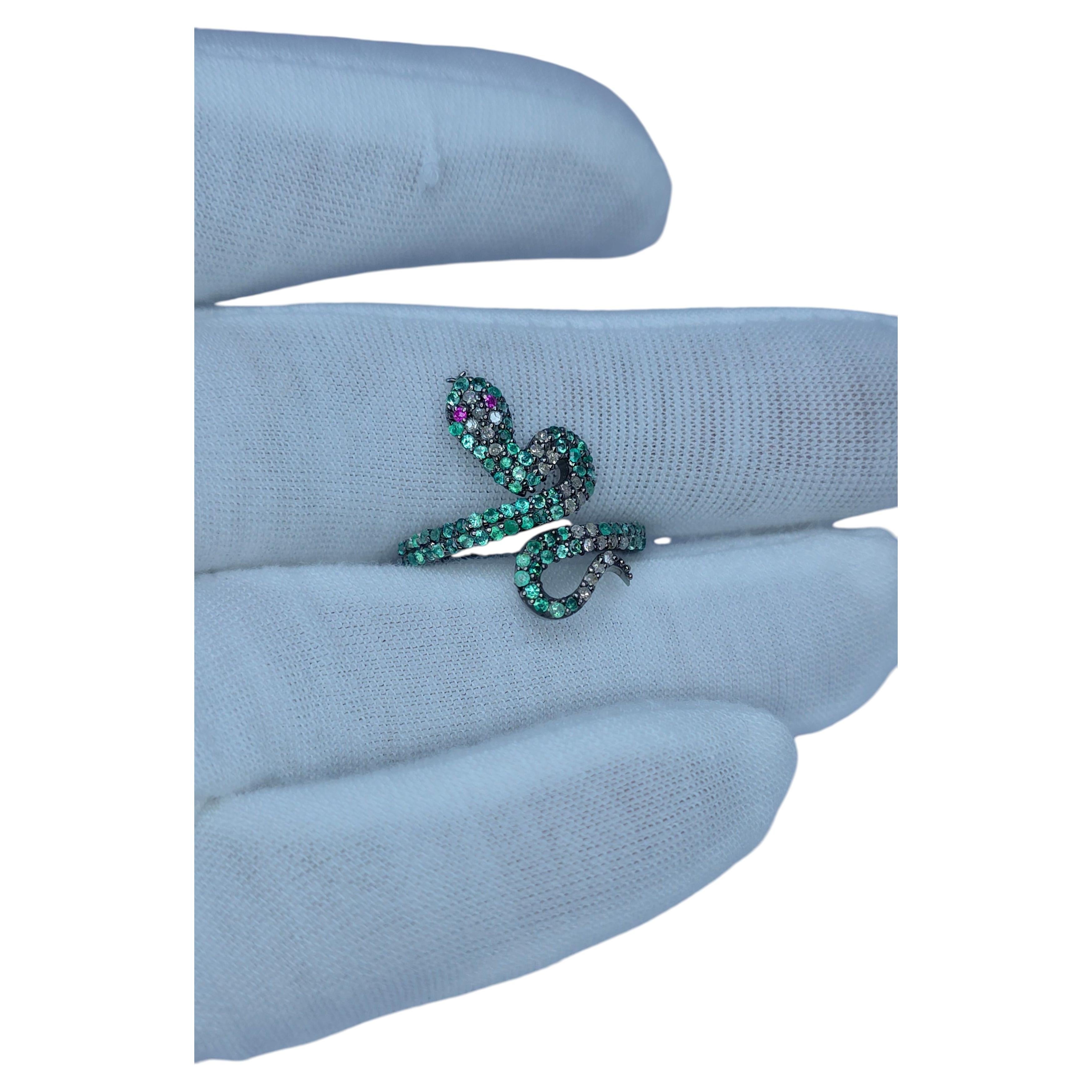 Pave Diamond snake ring with Natural emerald Natural ruby Victorian ring