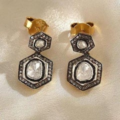 Natural Pave Diamond Polki Earrings 925 Sterling Silver Dangle Earrings For Her