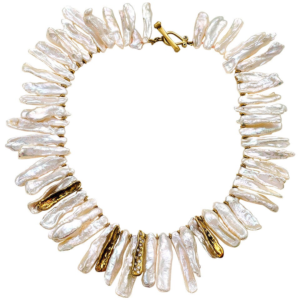 Pearl Gold Stick Necklace For Sale
