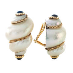 Classic Natural Shell Earrings with Blue Sapphire Cabochons
