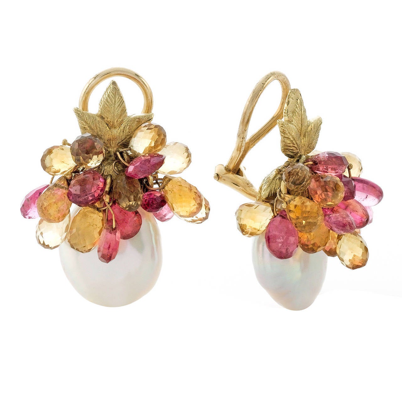 Keshi Pearl Pink Tourmaline Citrine Gold Briolette Leaf Motif Earrings
