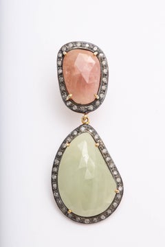 Natural Organic Shaped Pink and  Light Green Sapphire diamond silver earrings