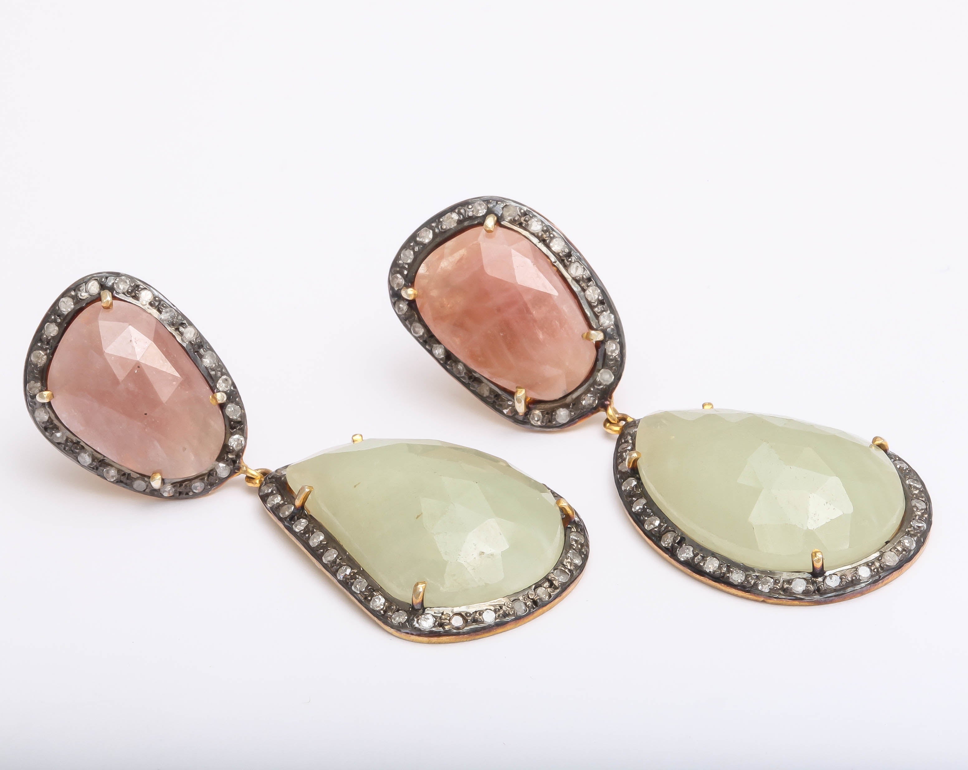 Contemporary Natural Organic Shaped Pink and  Light Green Sapphire diamond silver earrings For Sale