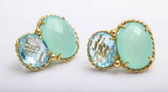 faceted oval Chalcedony blue topaz Gold ear clips