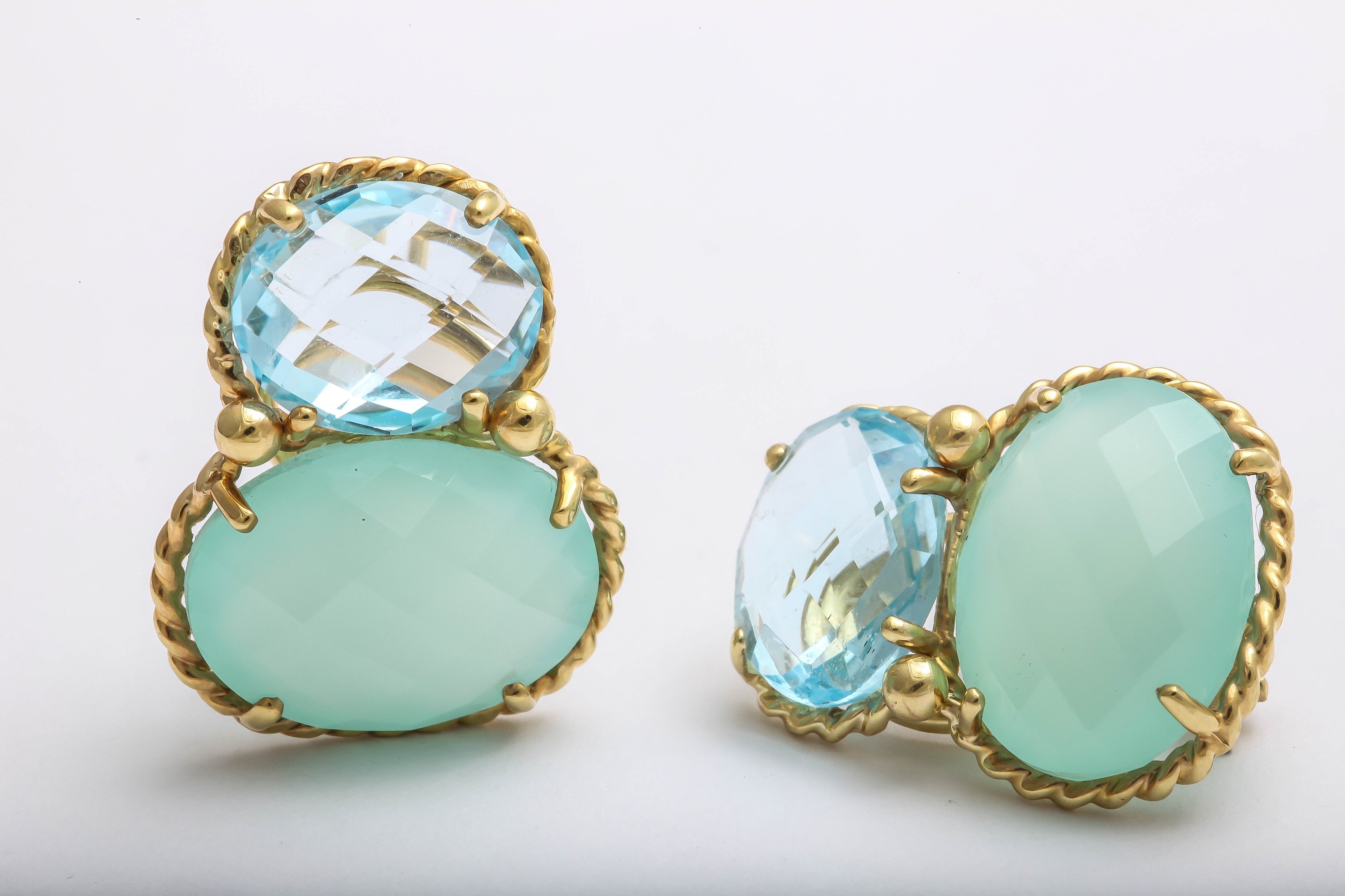 Contemporary faceted oval Chalcedony blue topaz Gold ear clips For Sale