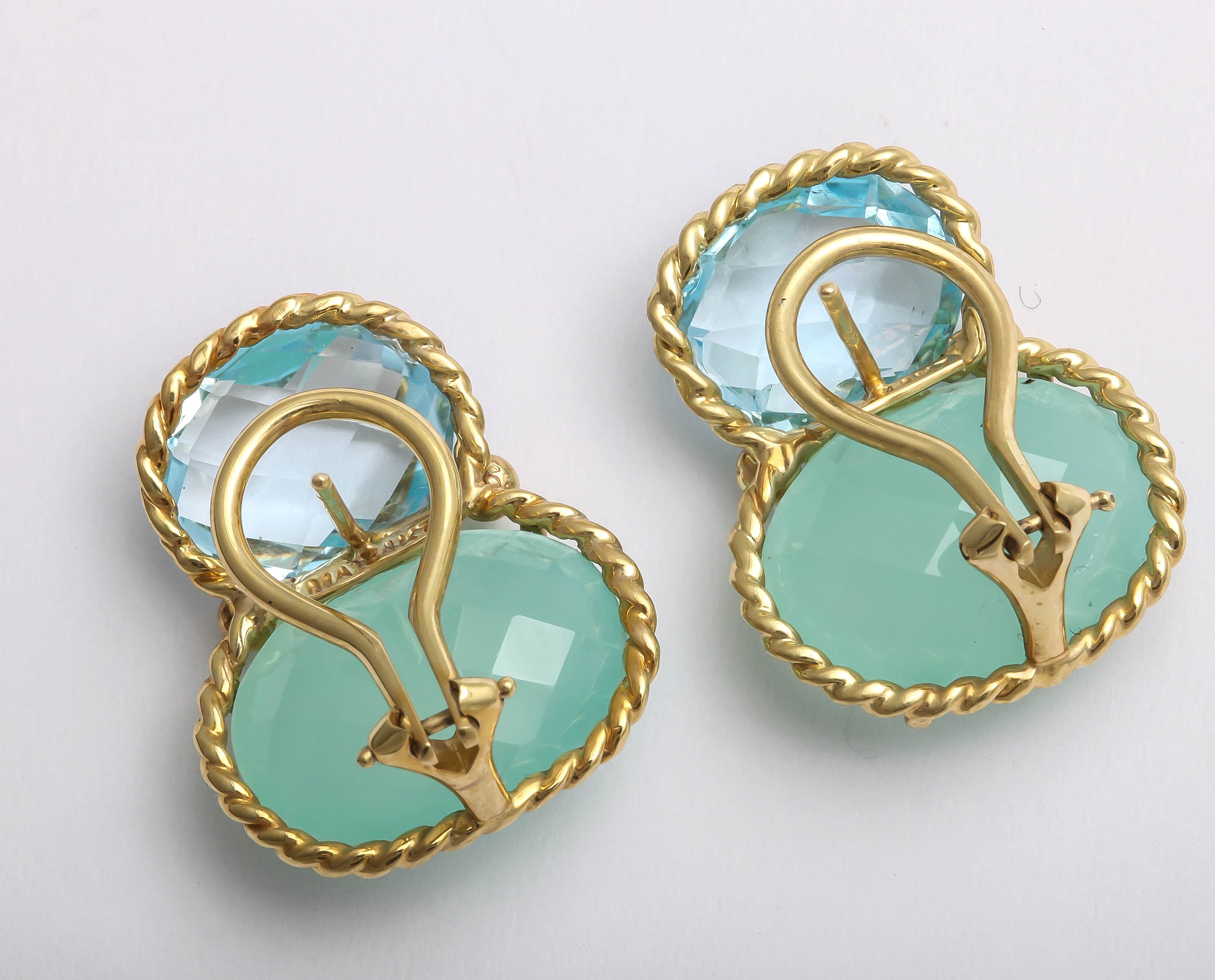 faceted oval Chalcedony blue topaz Gold ear clips In New Condition For Sale In New York, NY