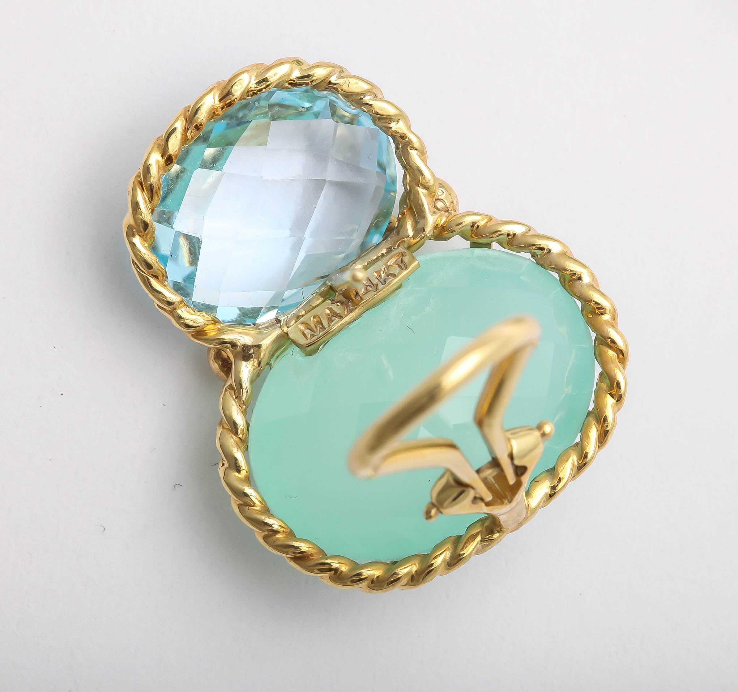 Women's faceted oval Chalcedony blue topaz Gold ear clips For Sale