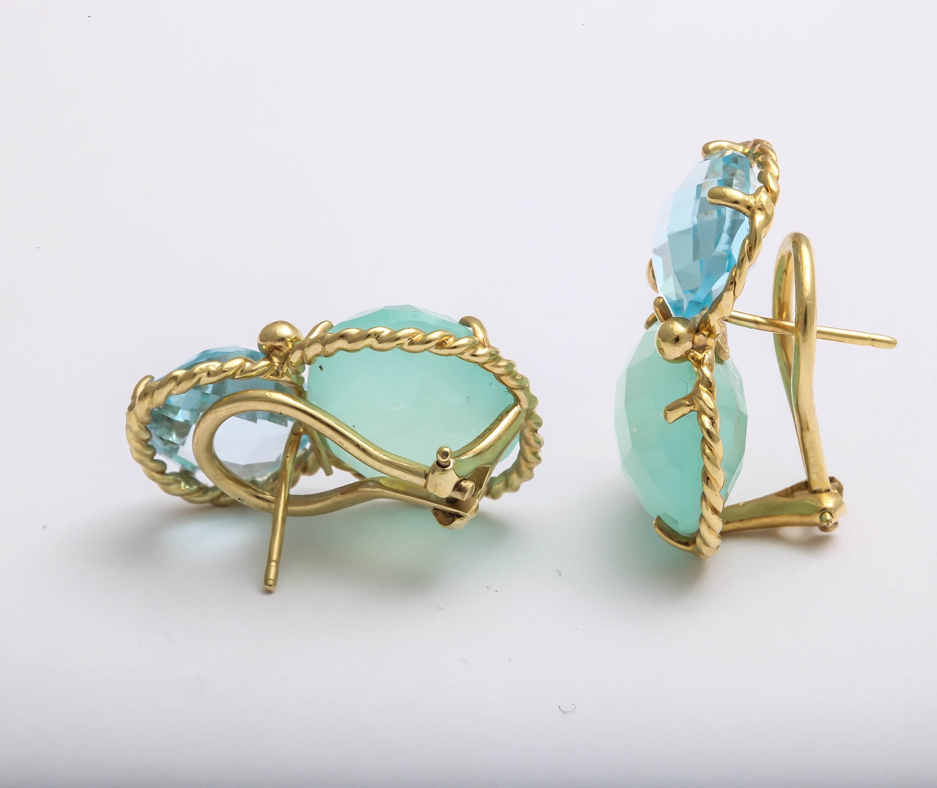 faceted oval Chalcedony blue topaz Gold ear clips For Sale 1